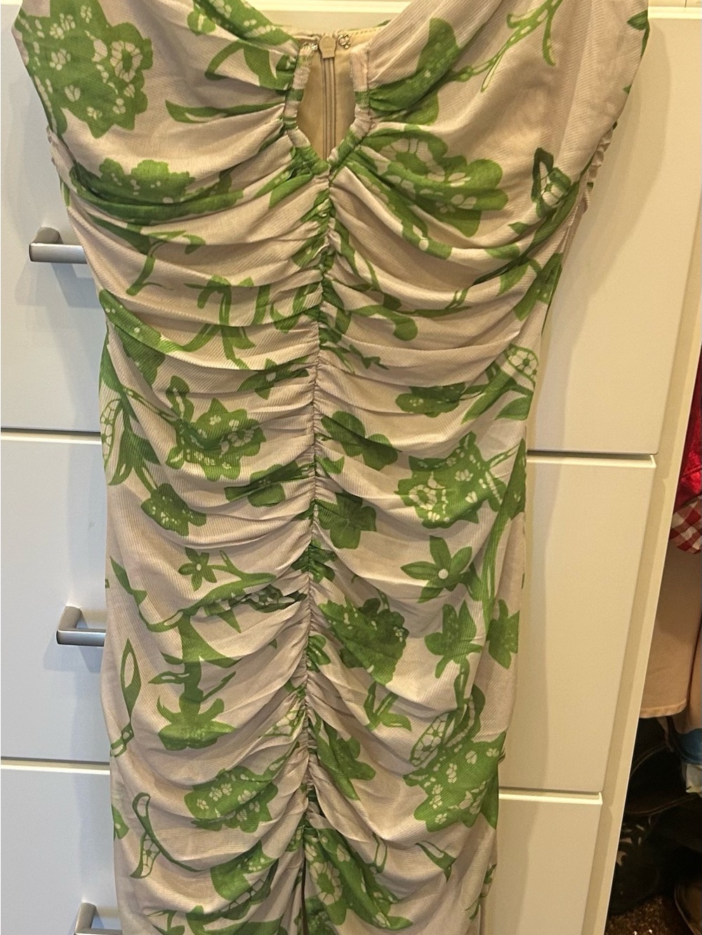 Astr Strapless Ruched Floral Midi Dress in Green and Cream